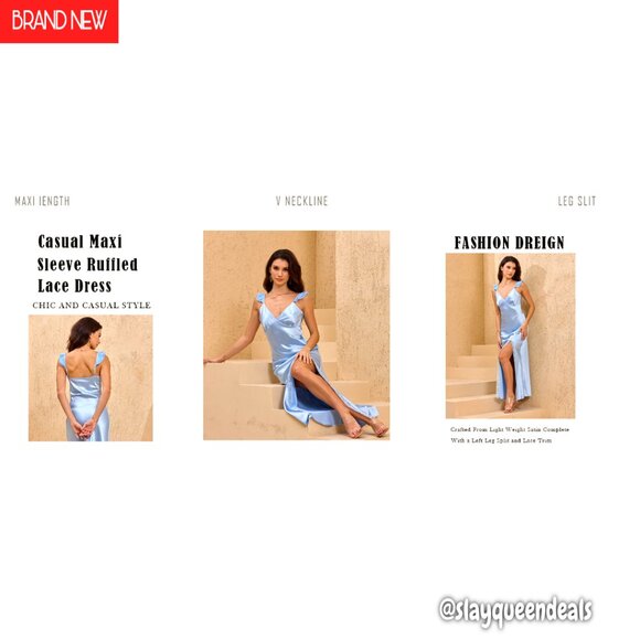 Satin Backless Maxi Dress with Lace Trim, V Neck, Leg Slit for Formal Events - Picture 6 of 6